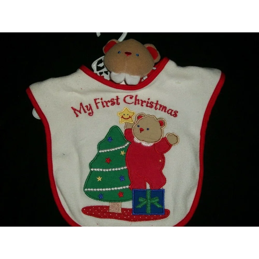 My First Christmas Baby Bib and Bear Rattle Tree White Red Terrycloth